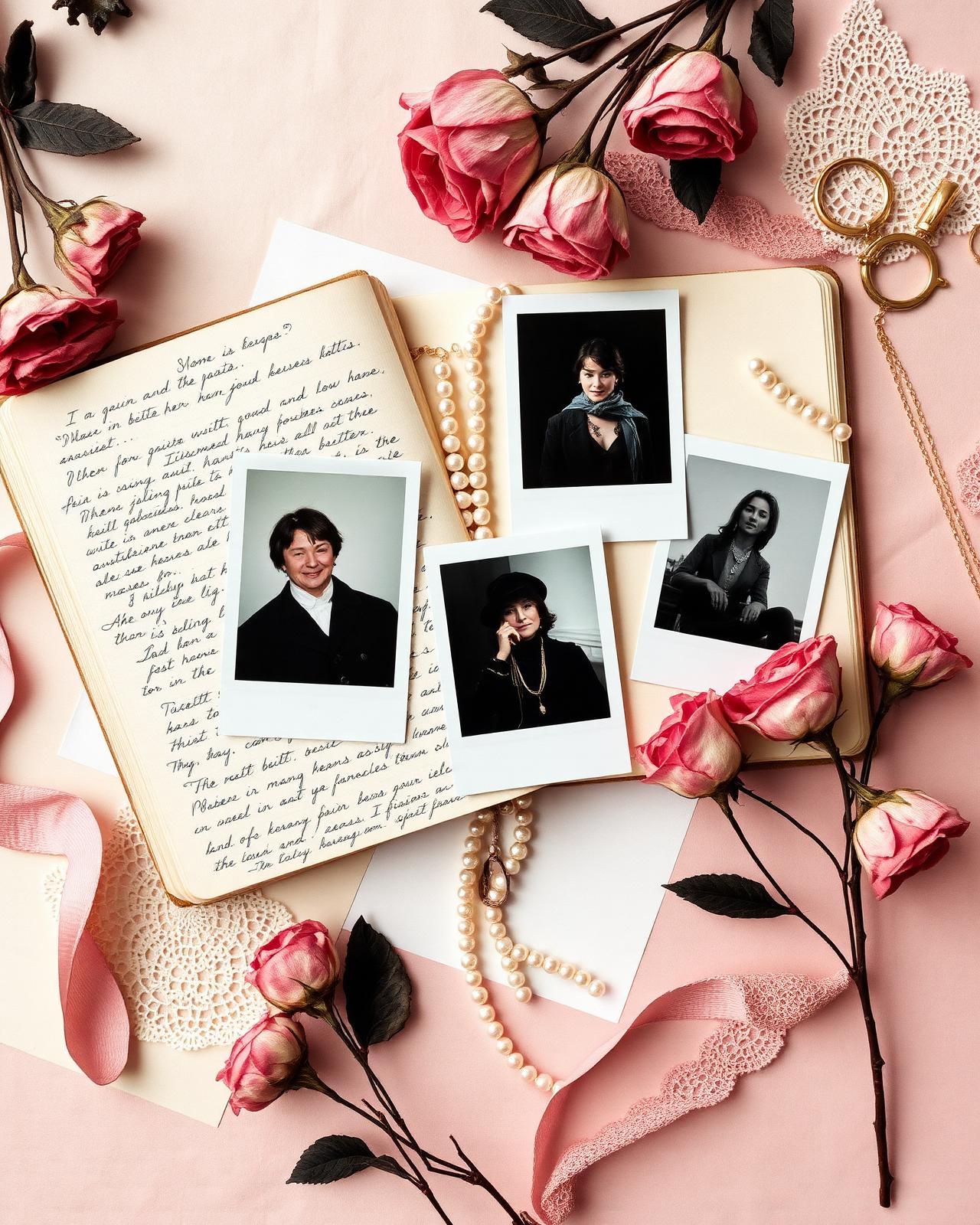An aesthetic diary flatlay with roses, polaroids, and handwritten notes